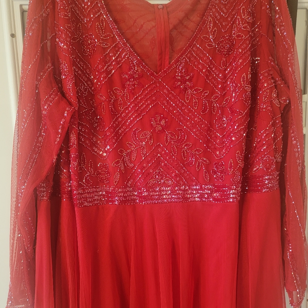 Red Maxi formal long sleeved beaded & sequence dress (Dillards)